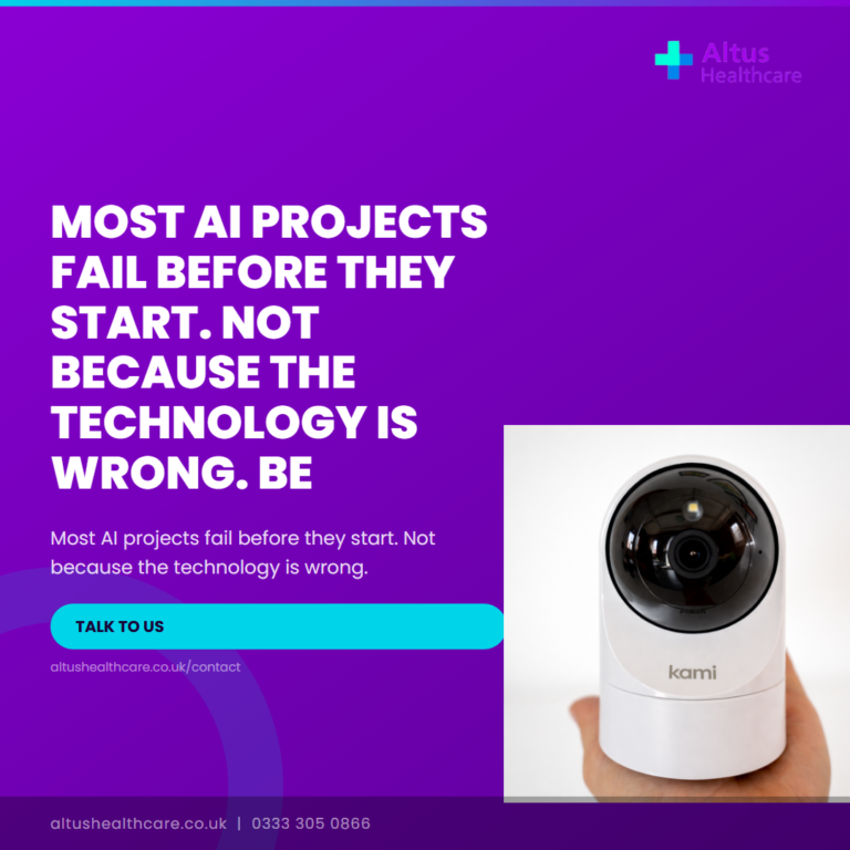 Altus Healthcare promotional graphic with purple background, white text about AI project failures, and a Kami security device held in someone's hand.