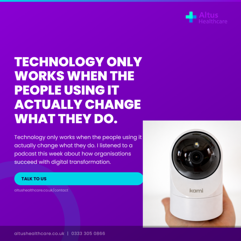 Altus Healthcare graphic on digital transformation with quote about technology adoption and Kami device device held in hand.