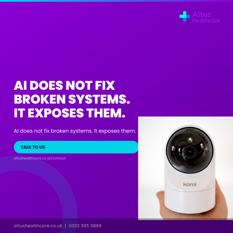 Altus Healthcare promotional graphic with a white Kami device device displayed on the right side against a purple background.