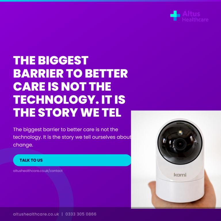 Altus Healthcare promotional graphic with purple background, white text quote about care barriers, and hand holding white Kami device device.