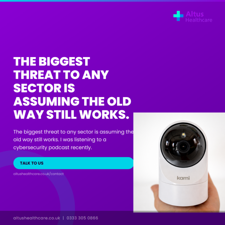 Altus Healthcare promotional graphic with quote about sector threats and a white Kami security device being held in someone's hand.