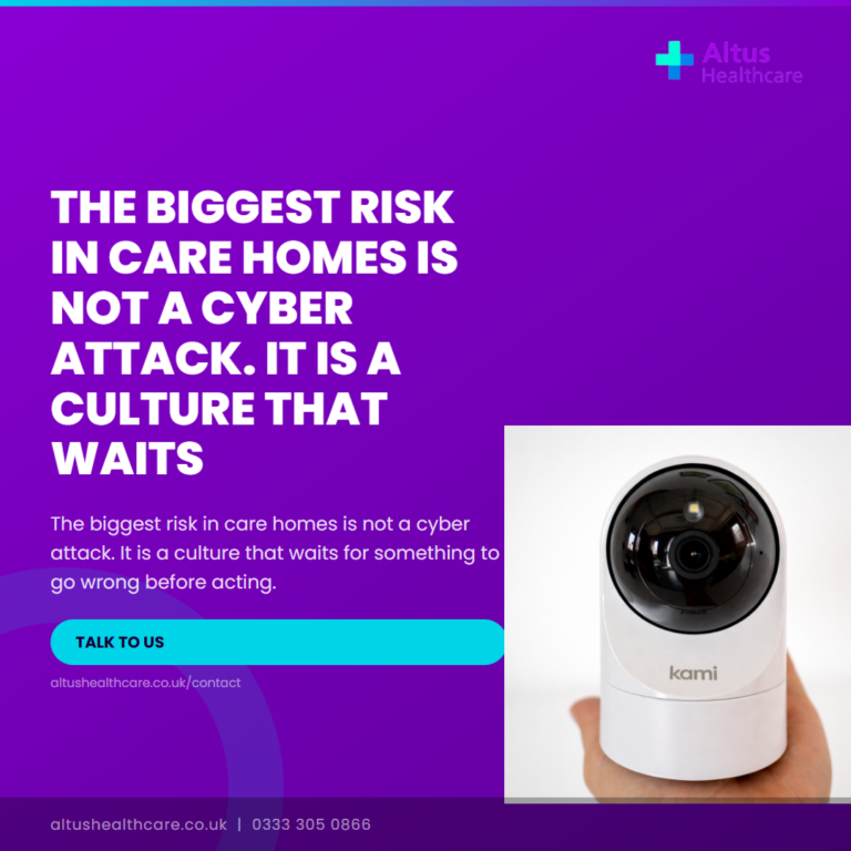 Altus Healthcare promotional graphic featuring a white Kami device and text about care home safety culture.