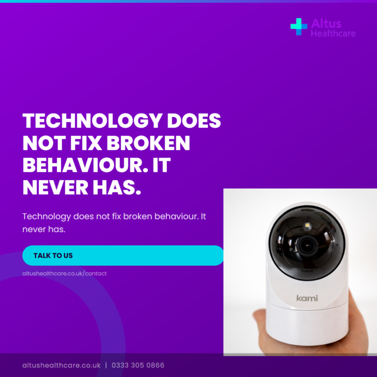 Purple background with white text stating "Technology does not fix broken behaviour. It never has." and a Kami device device held in hand on the right.