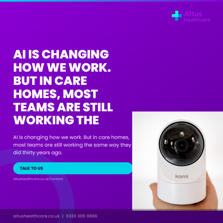 Altus Healthcare promotional graphic about AI in care homes, featuring a white Kami device device held in a hand against a purple background.