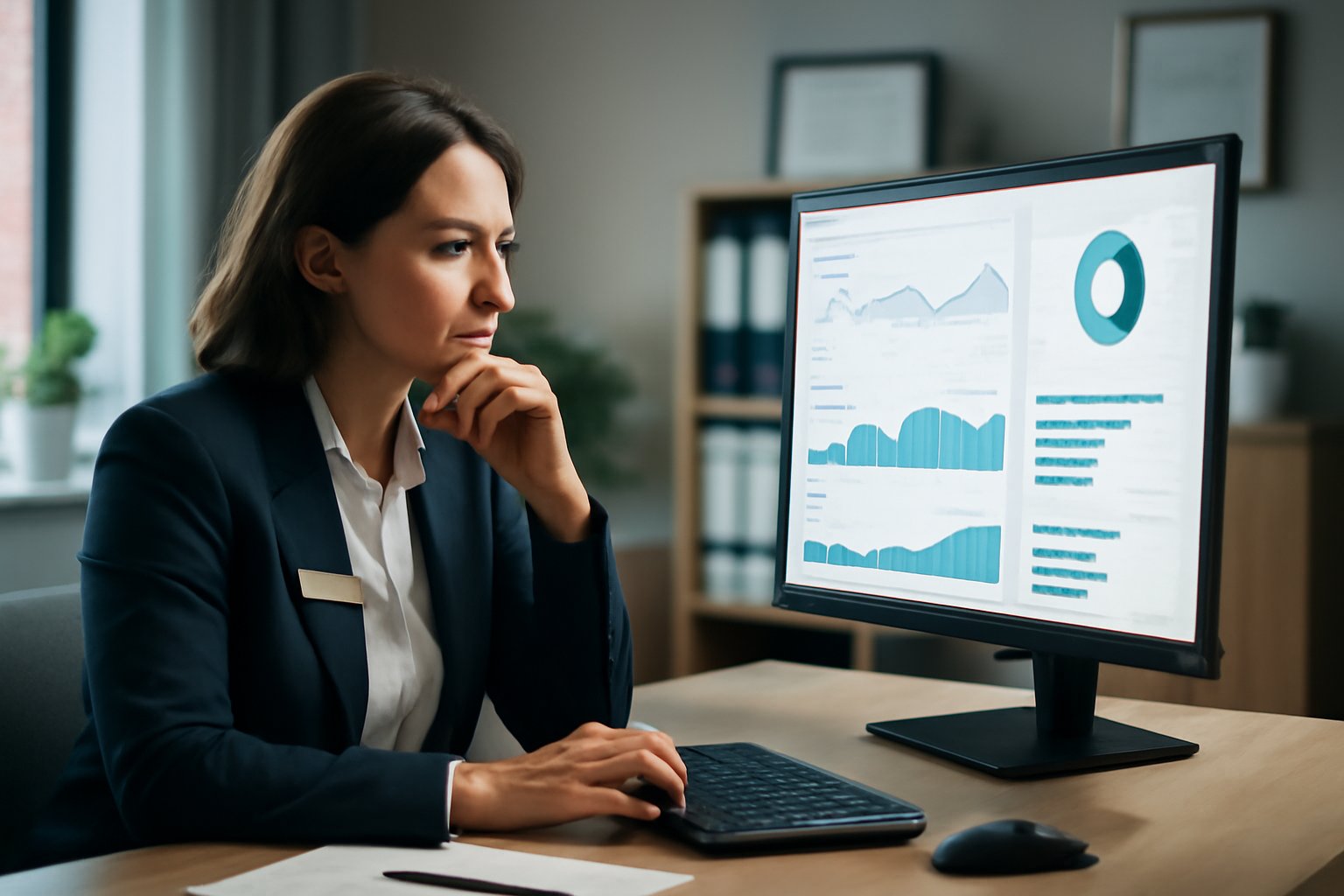 Care home manager reviewing data analytics on screen