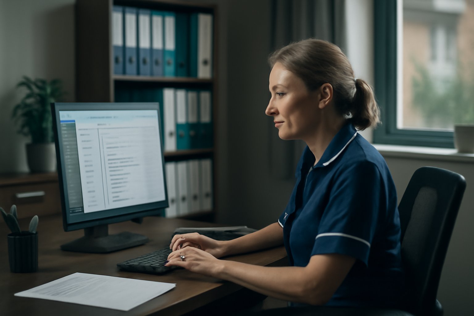 Care home administrator working with organised documentation