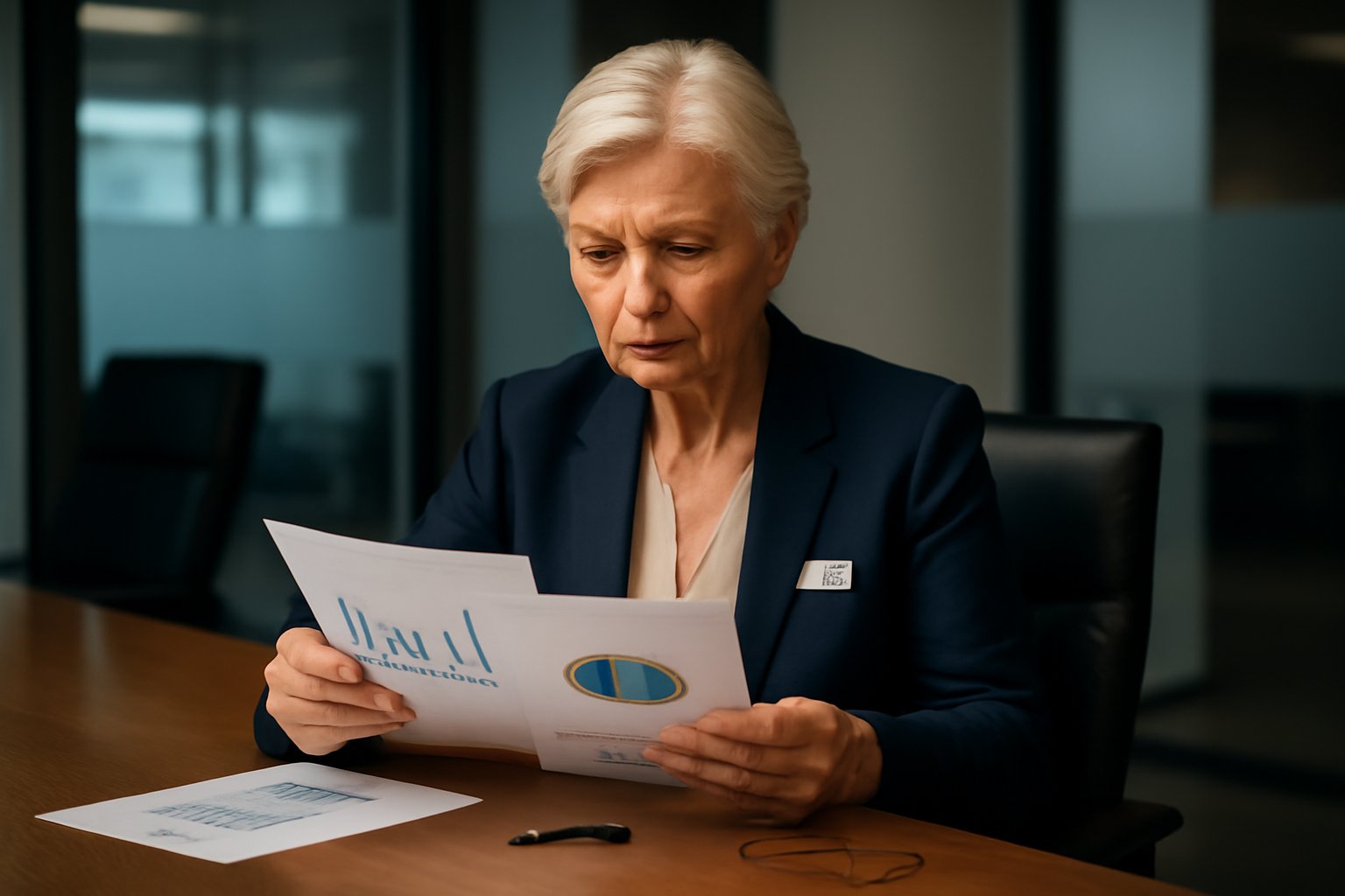Senior care home executive reviewing performance reports