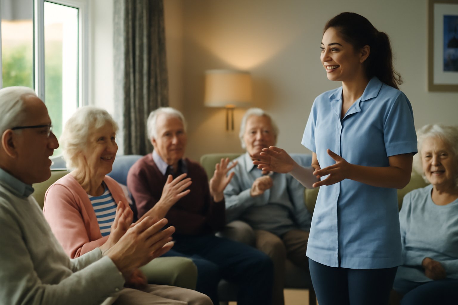 Care home residents in an engaging group activity session