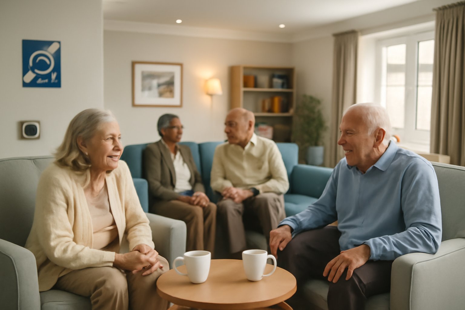 Inclusive care home communal space with residents socialising