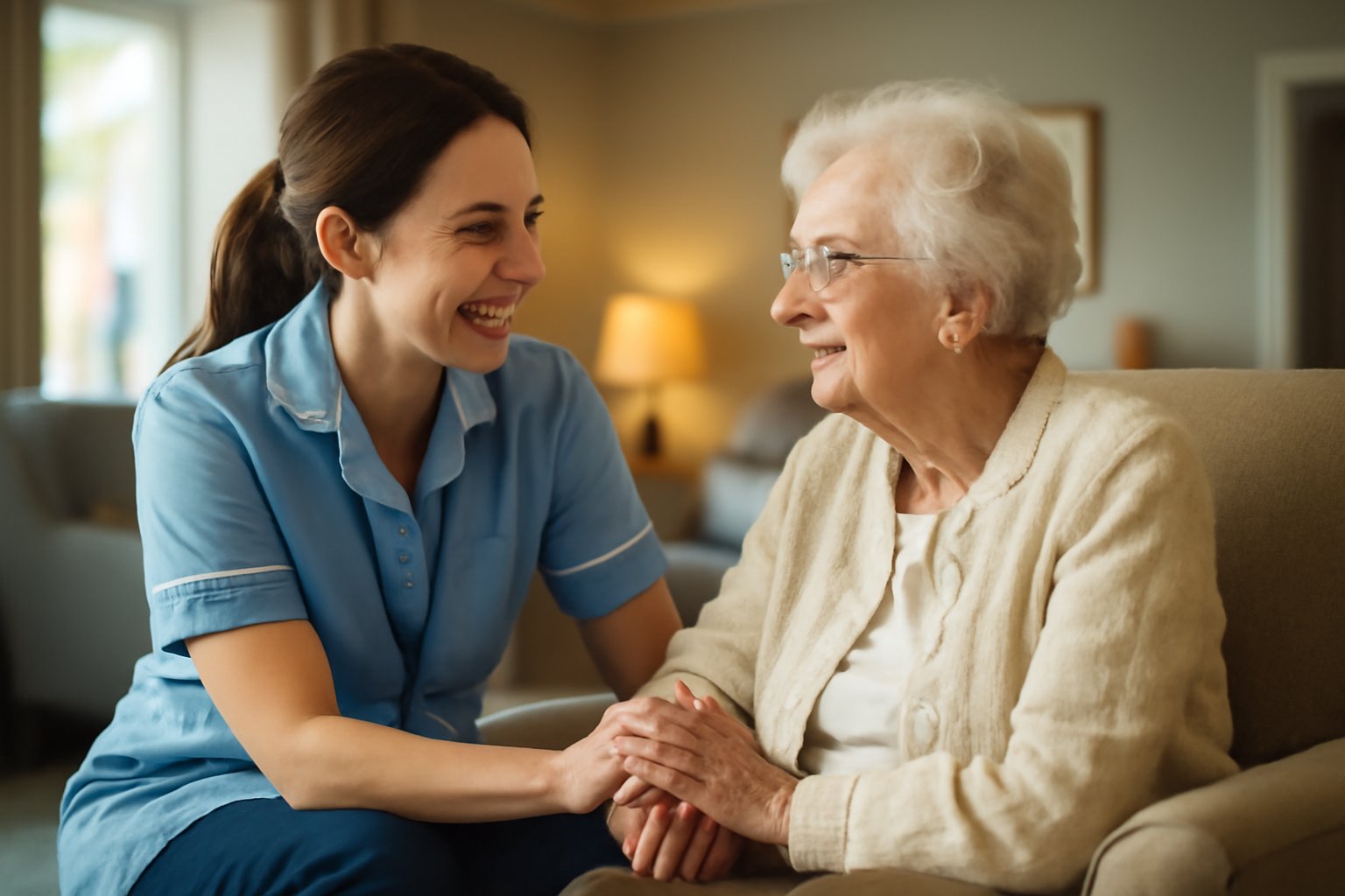 Care home nurse engaging warmly with elderly resident