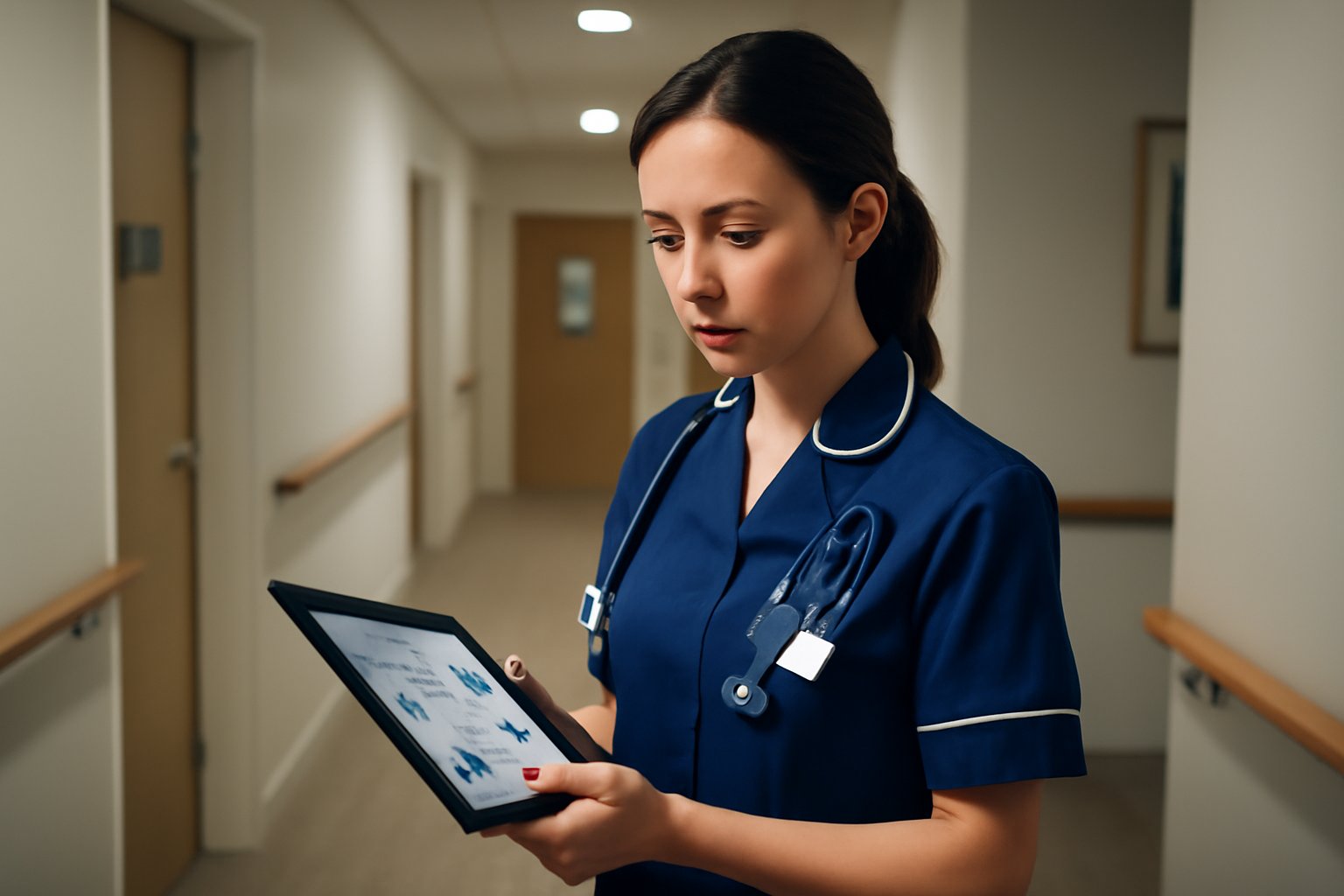 Care home nurse reviewing data on tablet in clinical corridor
