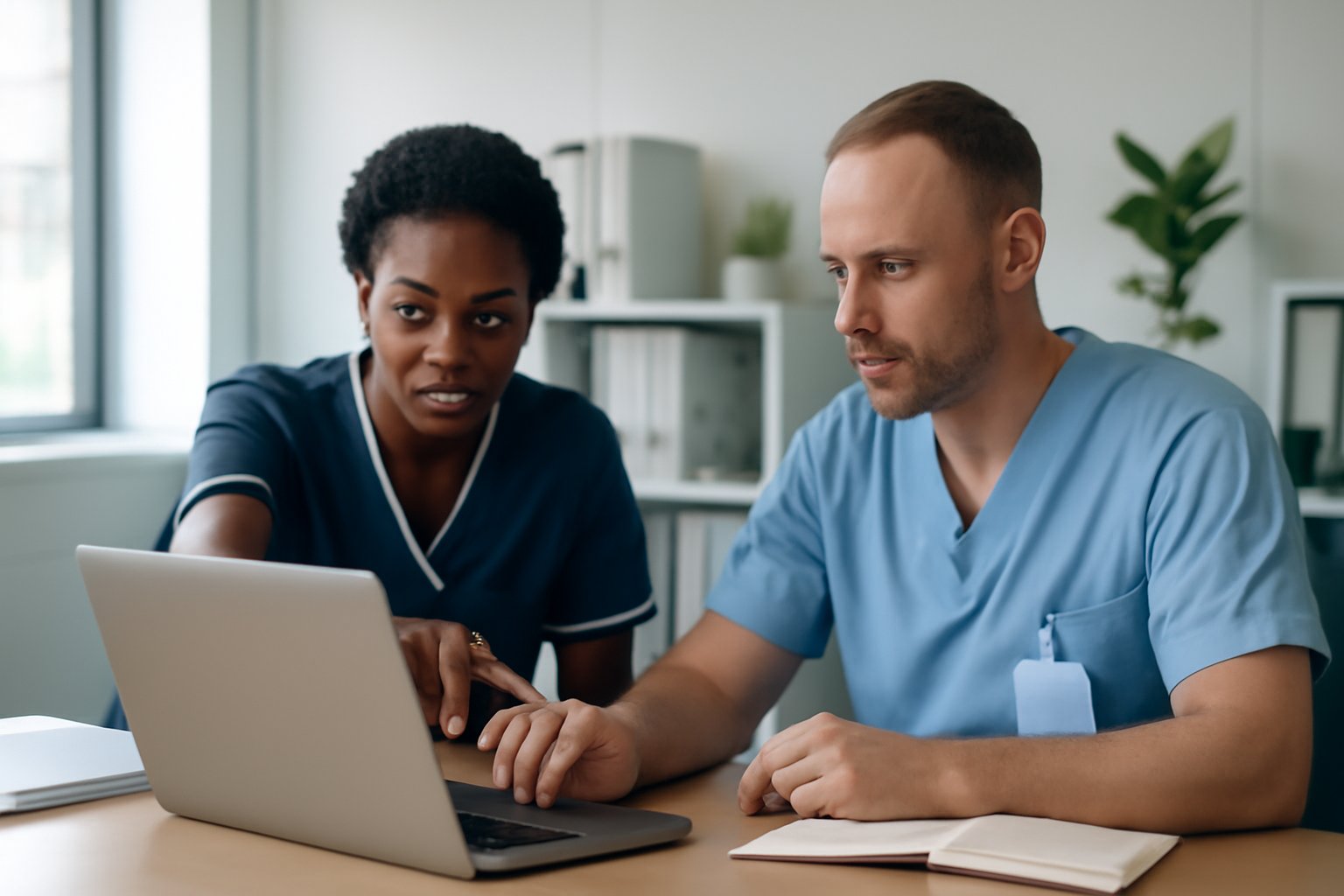 Two care home professionals collaborating over a laptop