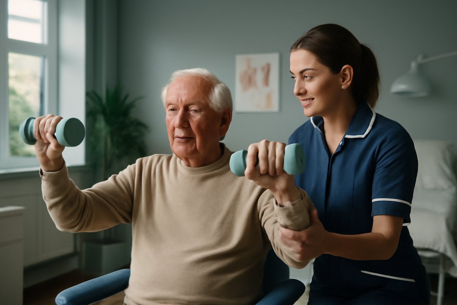 Elderly resident doing rehabilitation with care professional
