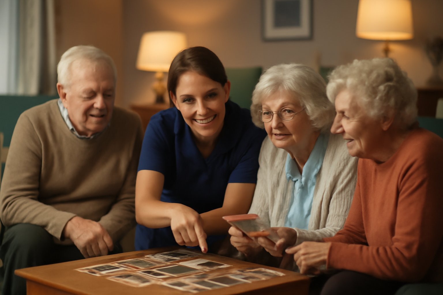Small group in reminiscence therapy session in care home
