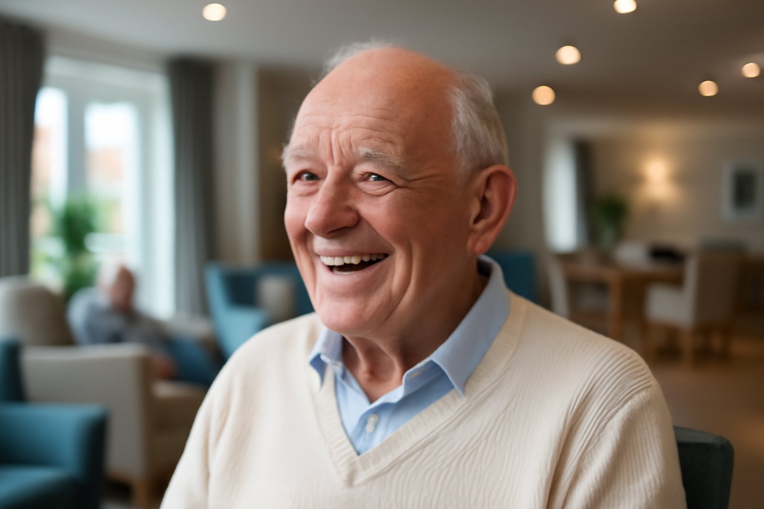 Elderly care home resident wearing hearing aid in bright lounge