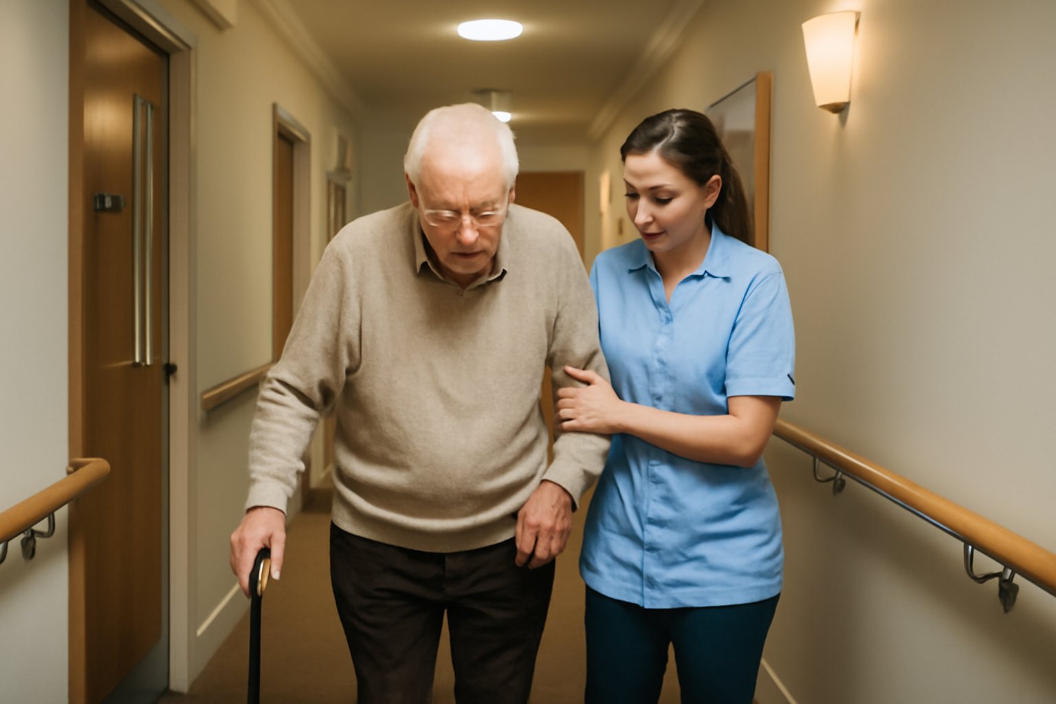 Elderly resident walking safely with nurse support in care home