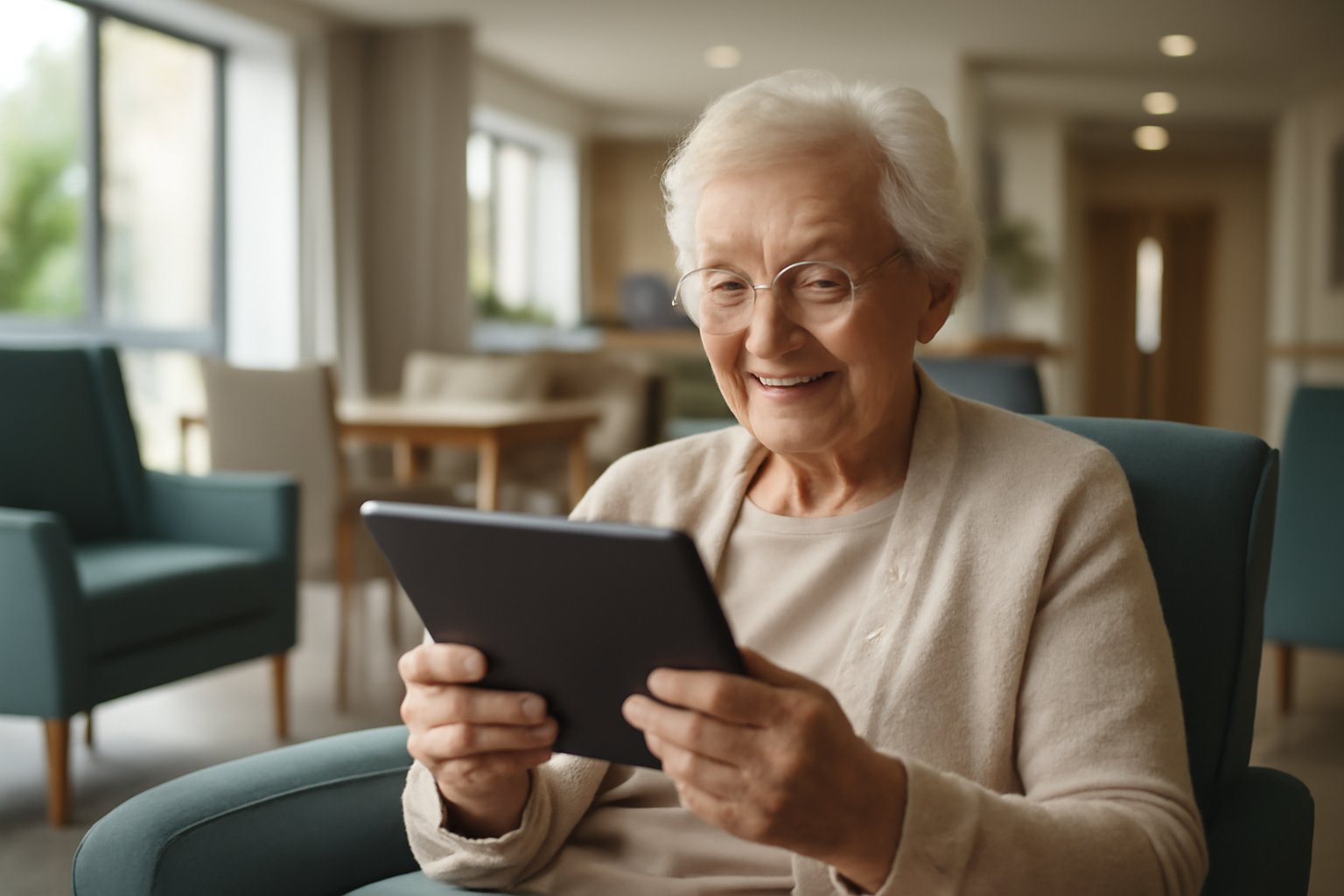 Elderly resident engaged with tablet computer in care home