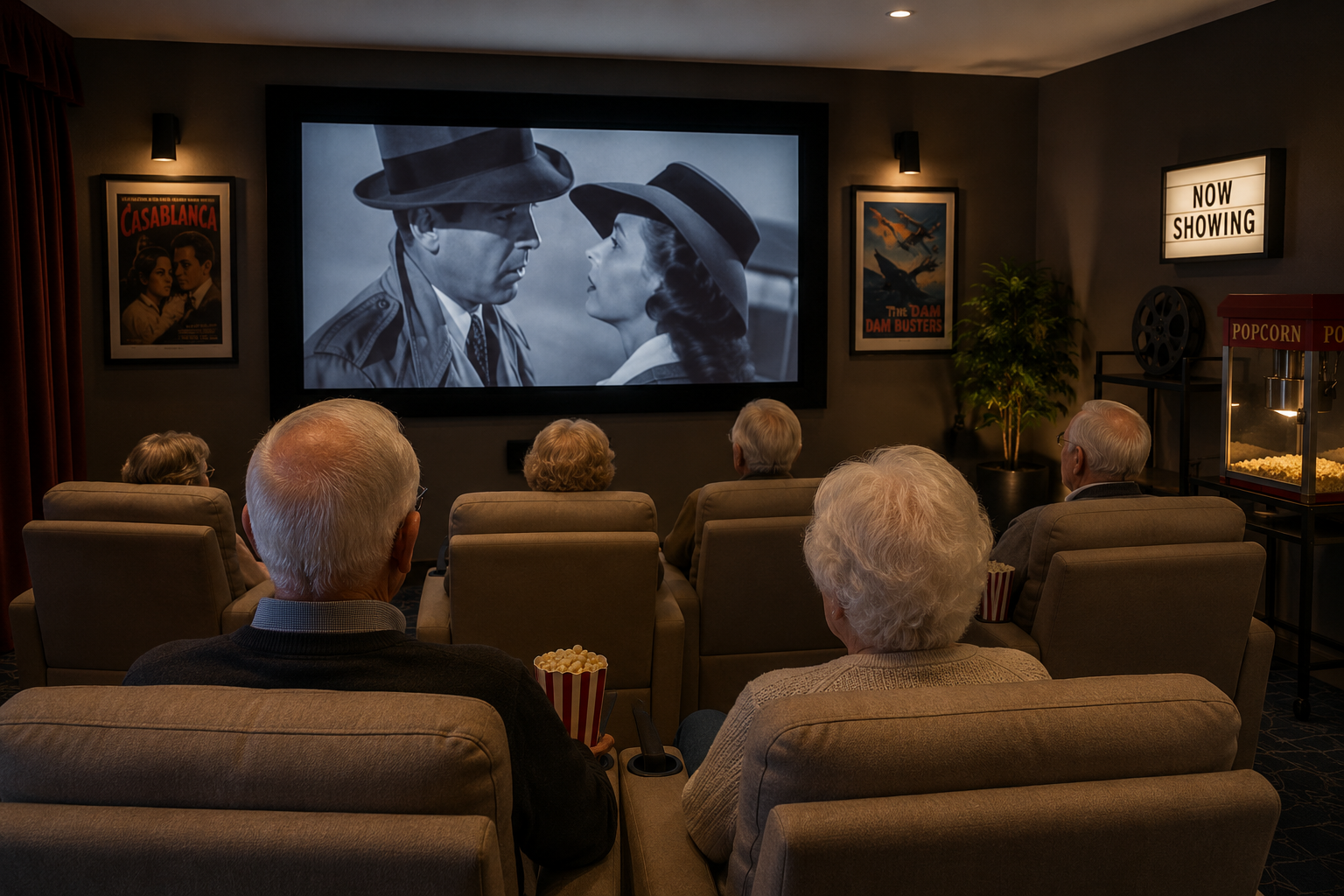 Care home cinema room with residents watching a film