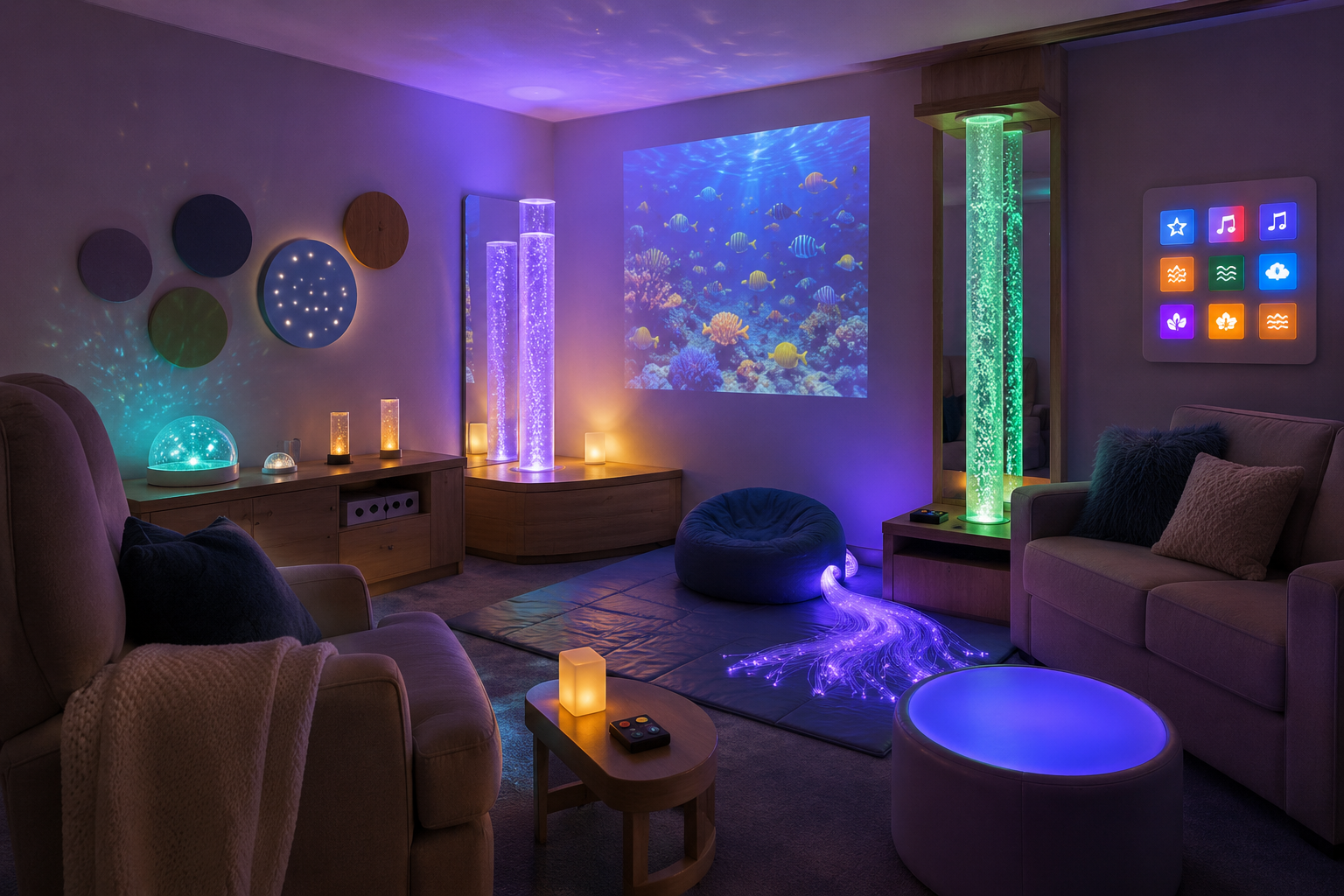 Care home sensory room with calming lights and interactive sensory equipment