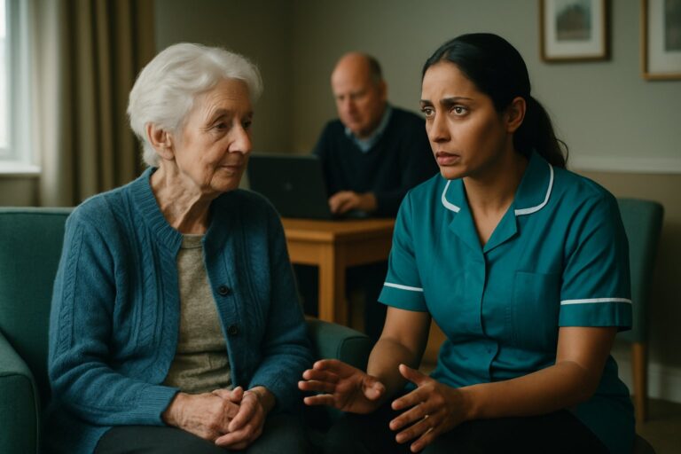Healthcare worker in teal uniform speaks with elderly woman in care home setting, with other residents visible in background.