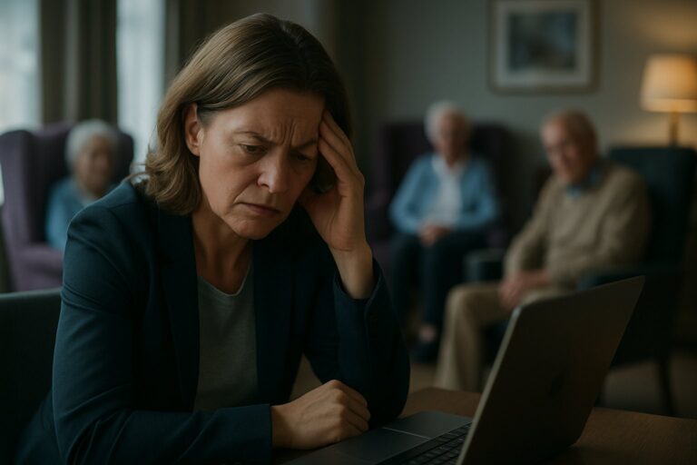Woman looking stressed at laptop in care home setting with other residents blurred in background.