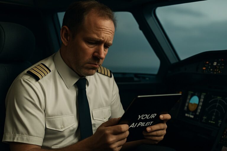 Pilot in cockpit holding tablet reading "YOUR AI PILOT" with concerned expression.
