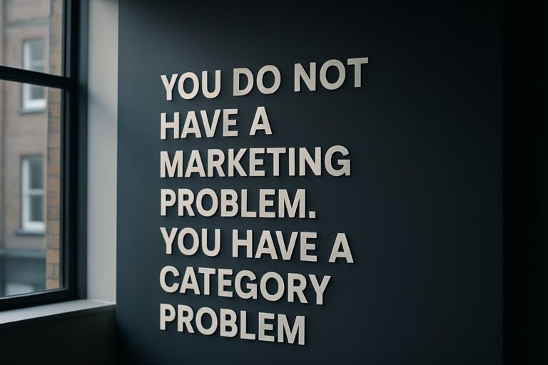 Wall text reading "You do not have a marketing problem. You have a category problem" in a modern office setting.
