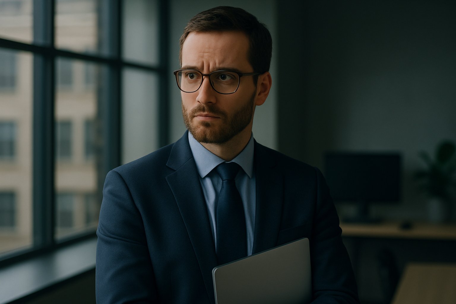 Professional man in business suit and glasses holding laptop, standing by office window with city view.
