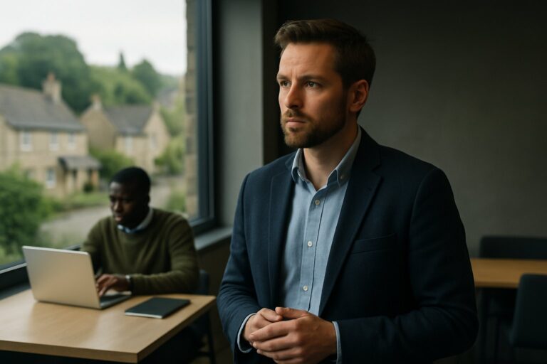 Professional man in business casual attire standing in modern office with colleague working at laptop, countryside visible through window.