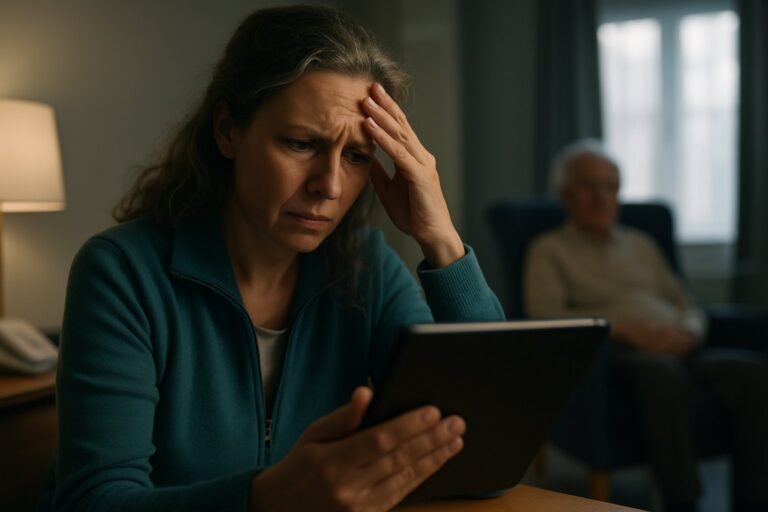 Woman looking worried at tablet device while man sits in background in home setting.